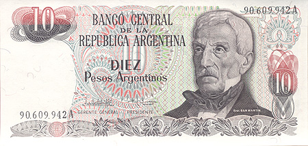 Купюра "10 аргентинских песо" Аргентина, начало XXI века х 7,5 см Сохранность хорошая инфо 3040j.