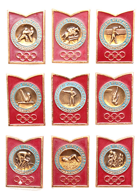 Олимпийские игры Москва-80 Комплект из 9 значков Металл, эмаль СССР, 1980 год Мытищинский завод опытных изделий 1980 г инфо 10472k.