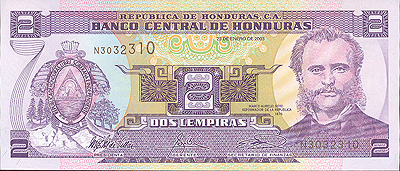 Купюра "2 лемпира" Гондурас, начало XXI века 15,7 см Сохранность очень хорошая инфо 12564k.