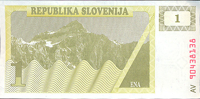 Купюра "1 толар" Словения, 1990 год х 7,4 см Сохранность хорошая инфо 12586k.
