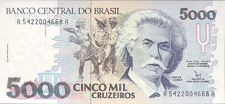 Купюра "5000 крузейро" Бразилия, конец XX века композитора Антонио Карлоса Гомеса (1836-1896) инфо 12646k.