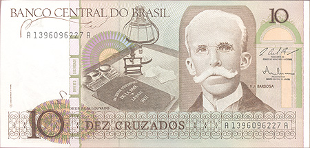 Купюра "10 крузадо" Бразилия, вторая половина ХХ века х 15,3 см Сохранность хорошая инфо 12648k.