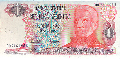 Купюра "1 песо" Аргентина, конец ХХ века 15,4 см Сохранность очень хорошая инфо 12653k.